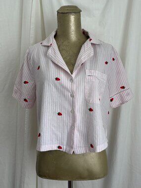 Cynthia Rowley Strawberry Embroidered Pajama Top S